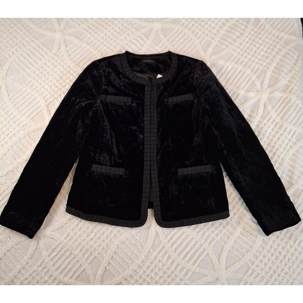 Talbots Women's Small Black Velvet Quilted Jacket Blazer Trimmed Collarless